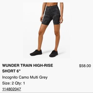 Lululemon Wunder Train 6” Shorts black camo size 2
